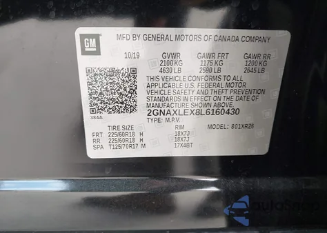 2020 Chevrolet Equinox Fwd Lt 2.0L Turbo z USA, uszkodzony, nr VIN 2GNAXLEX8L6160430